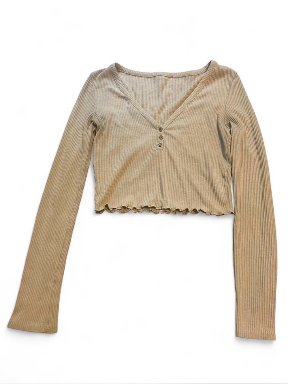 Ribbed V-Neck Long Sleeve Crop Top - Taupe